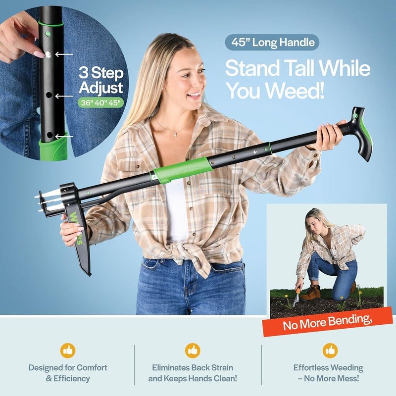 WilFiks Weed Puller Tool with Long Adjustable Handle (36", 40", & 45"), Quick-Release Weed Ejector Mechanism, Lightweight Aluminum Stand-Up Heavy Duty Weed Remover, 4-Claw Head & Foot Pedal for Easy Weeding - Image 4